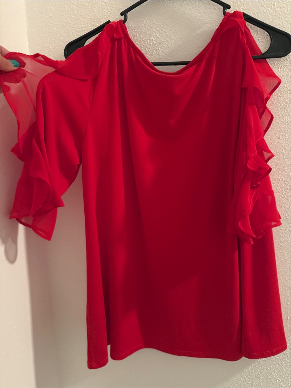 BOLD elements Red Ruffle Cold-Shoulder Blouse - Picture 6 of 7